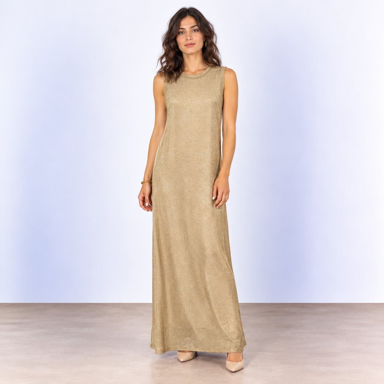 Abito lungo GlamWeave in filato di metallo color oro